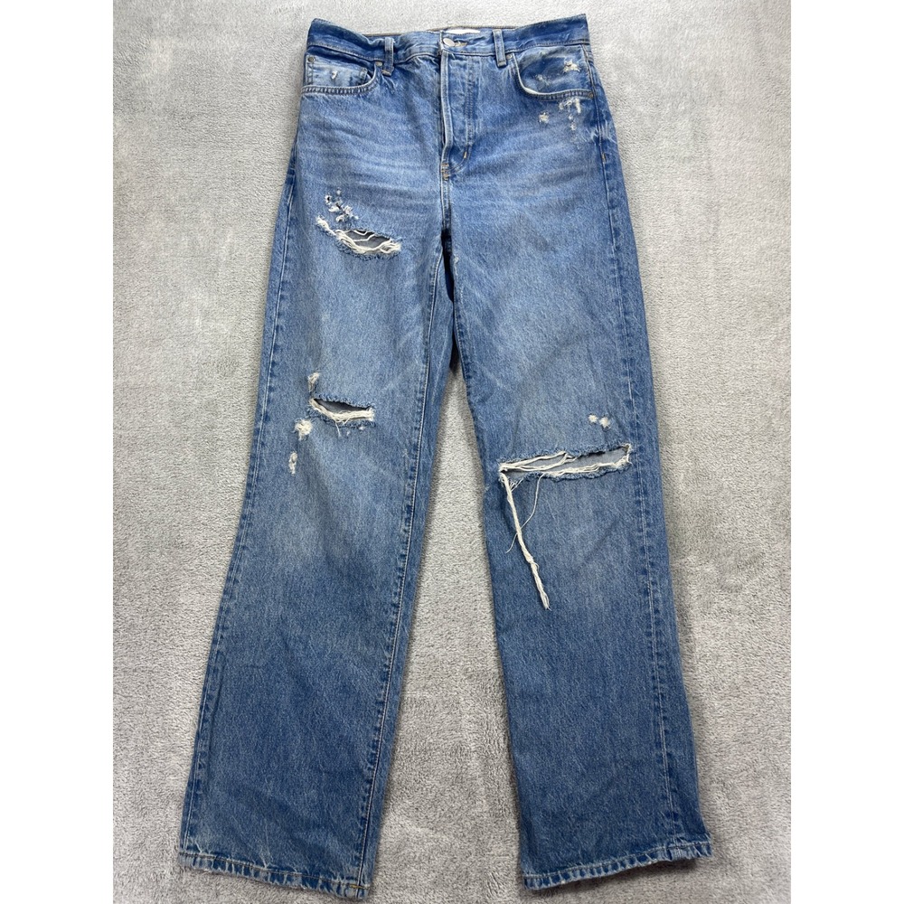 Zara Jeans Women Size 4 Blue Denim High Rise Distressed Straight Leg Ripped